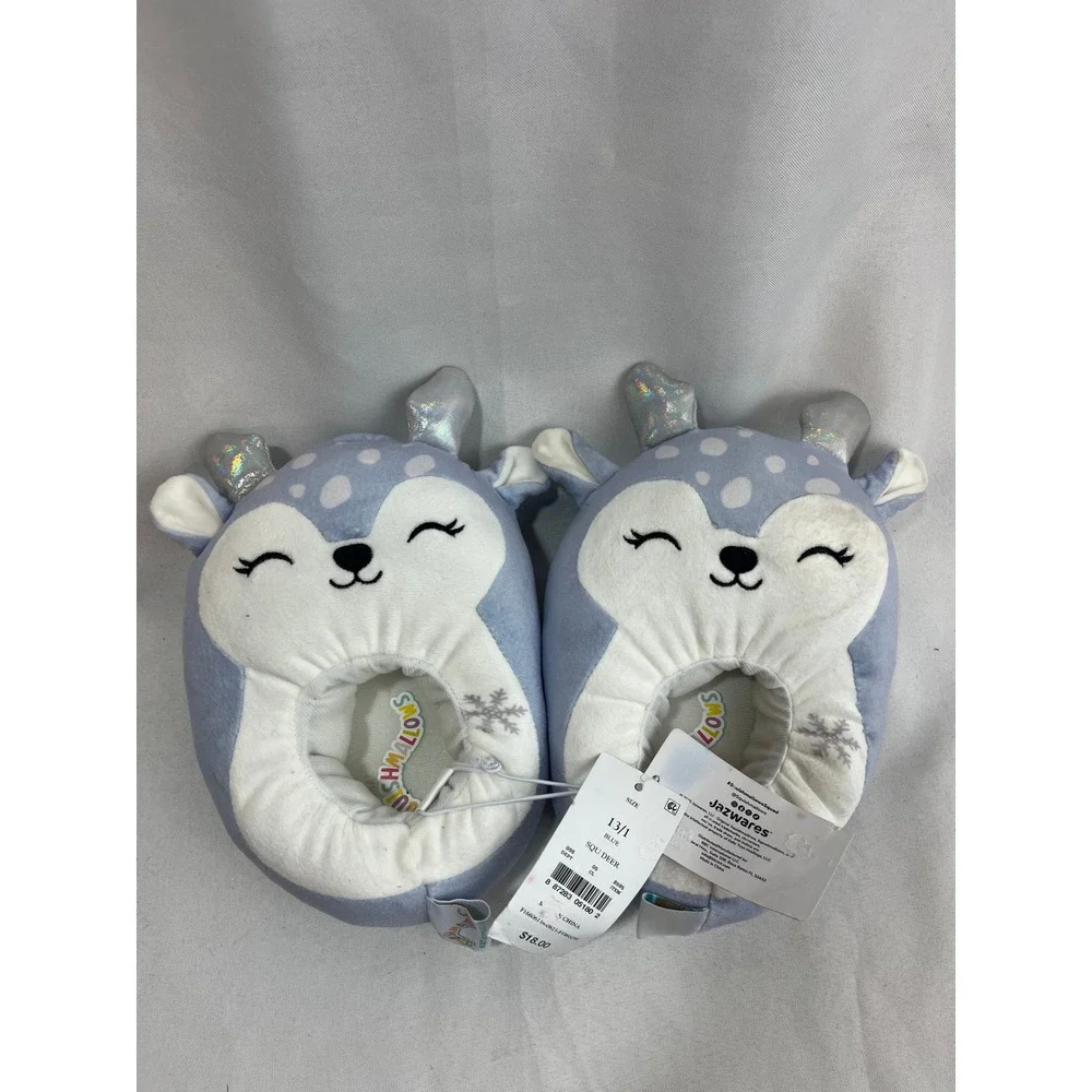 Squishmallows Blue‎ Deer Plush Slippers Kids Size 13/1 Silver Antlers Snowflake